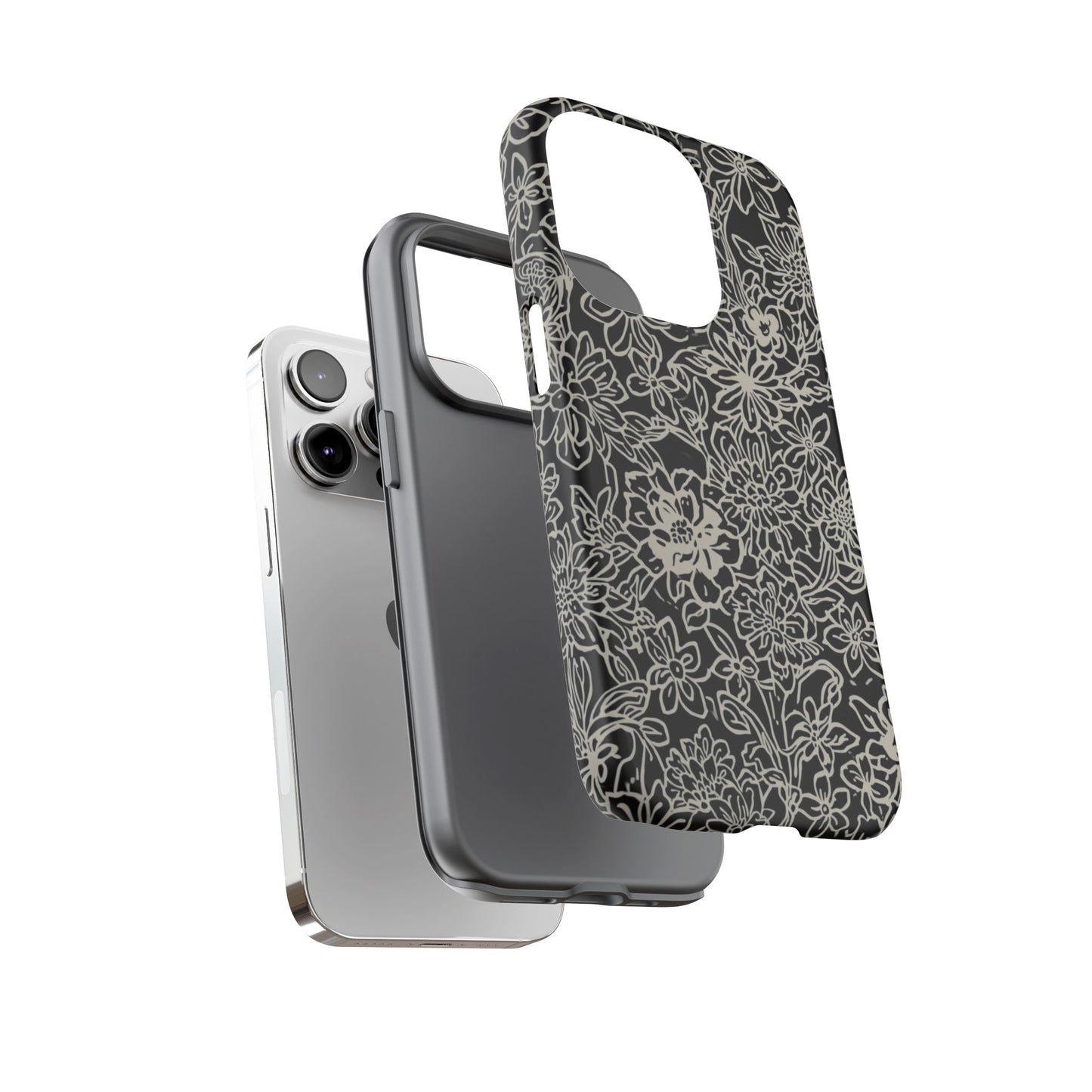 Floral Doodle Tough Phone Case — Black & White Sketch Flower Protective Cover