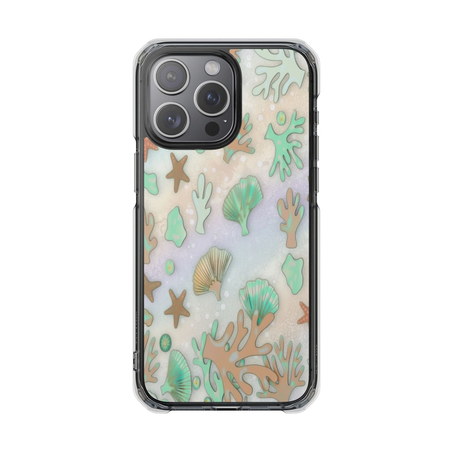 Clear Magnetic Phone Case — Iridescent Ocean Shells & Coral Design