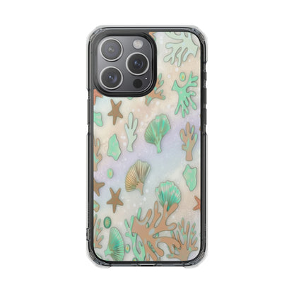 Clear Magnetic Phone Case — Iridescent Ocean Shells & Coral Design