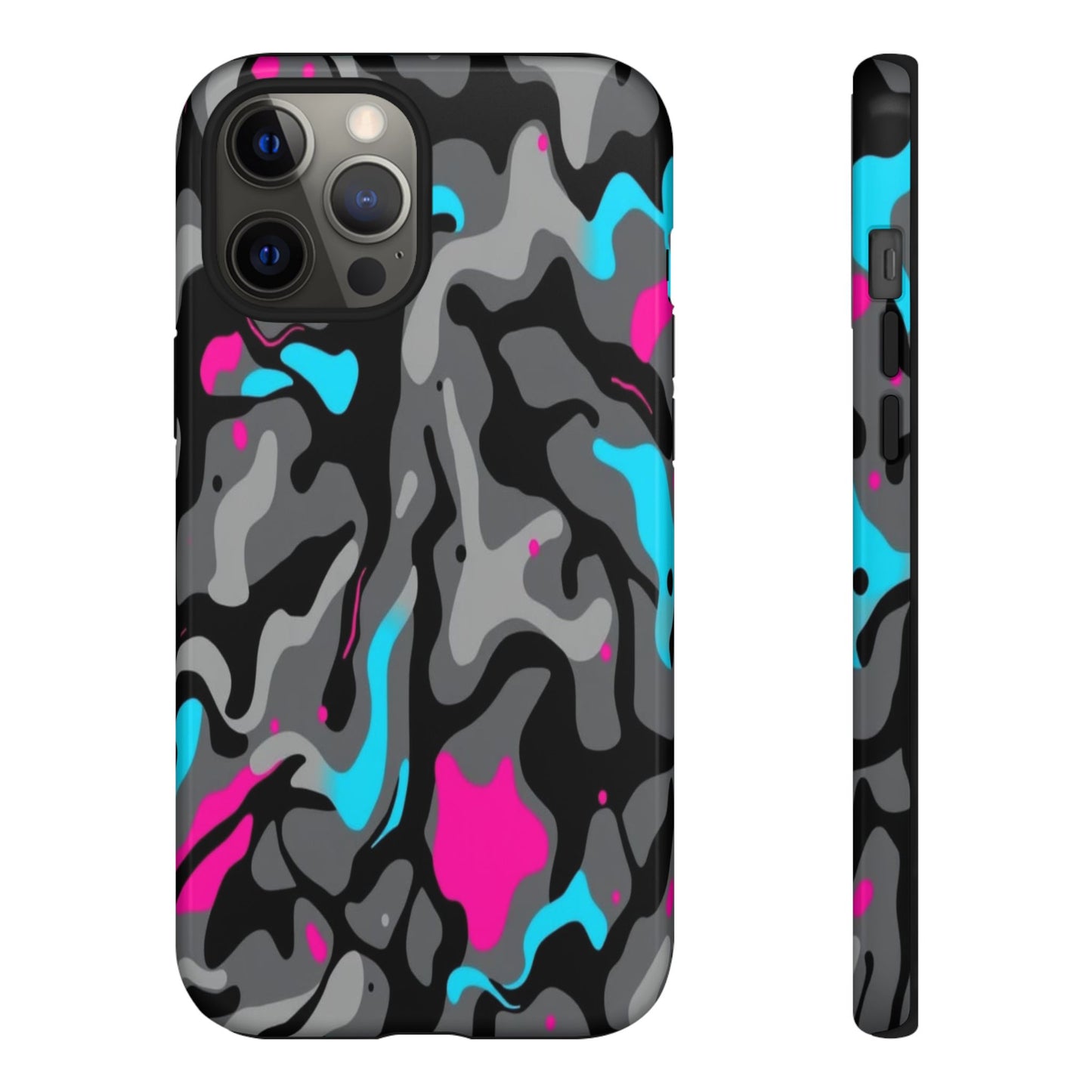 Camouflage Phone Case — Gray Camo with Neon Pink & Cyan Accent Tough Protective Cover
