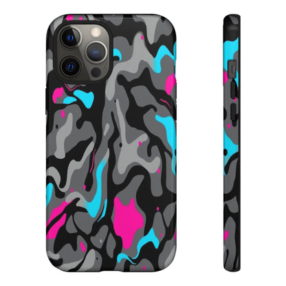 Camouflage Phone Case — Gray Camo with Neon Pink & Cyan Accent Tough Protective Cover