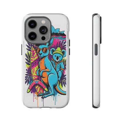 Kangaroo & Koala Surf Phone Case — Retro Neon Beach Art Tough Case