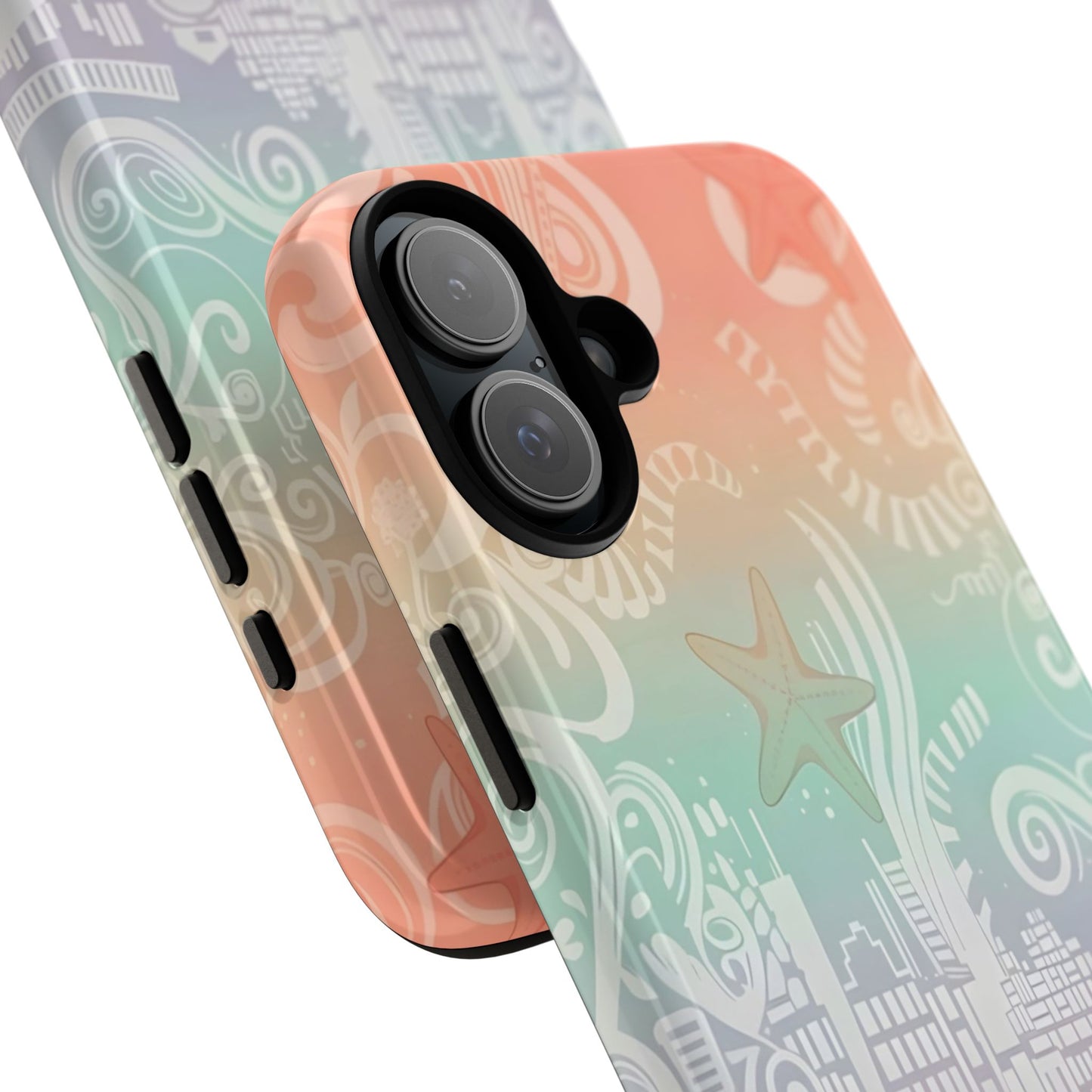 Tough Cases: Pastel Beach Pattern Phone Case — Starfish & Coastal Cityscape Protective Cover