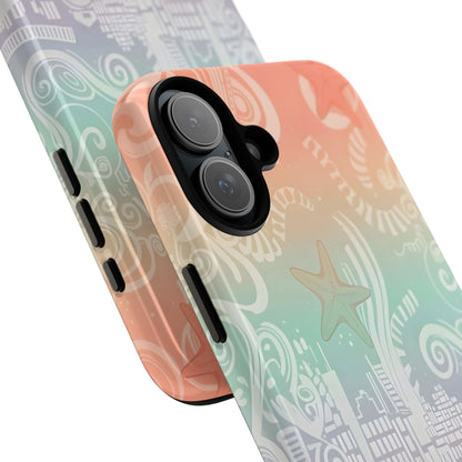 Tough Cases: Pastel Beach Pattern Phone Case — Starfish & Coastal Cityscape Protective Cover