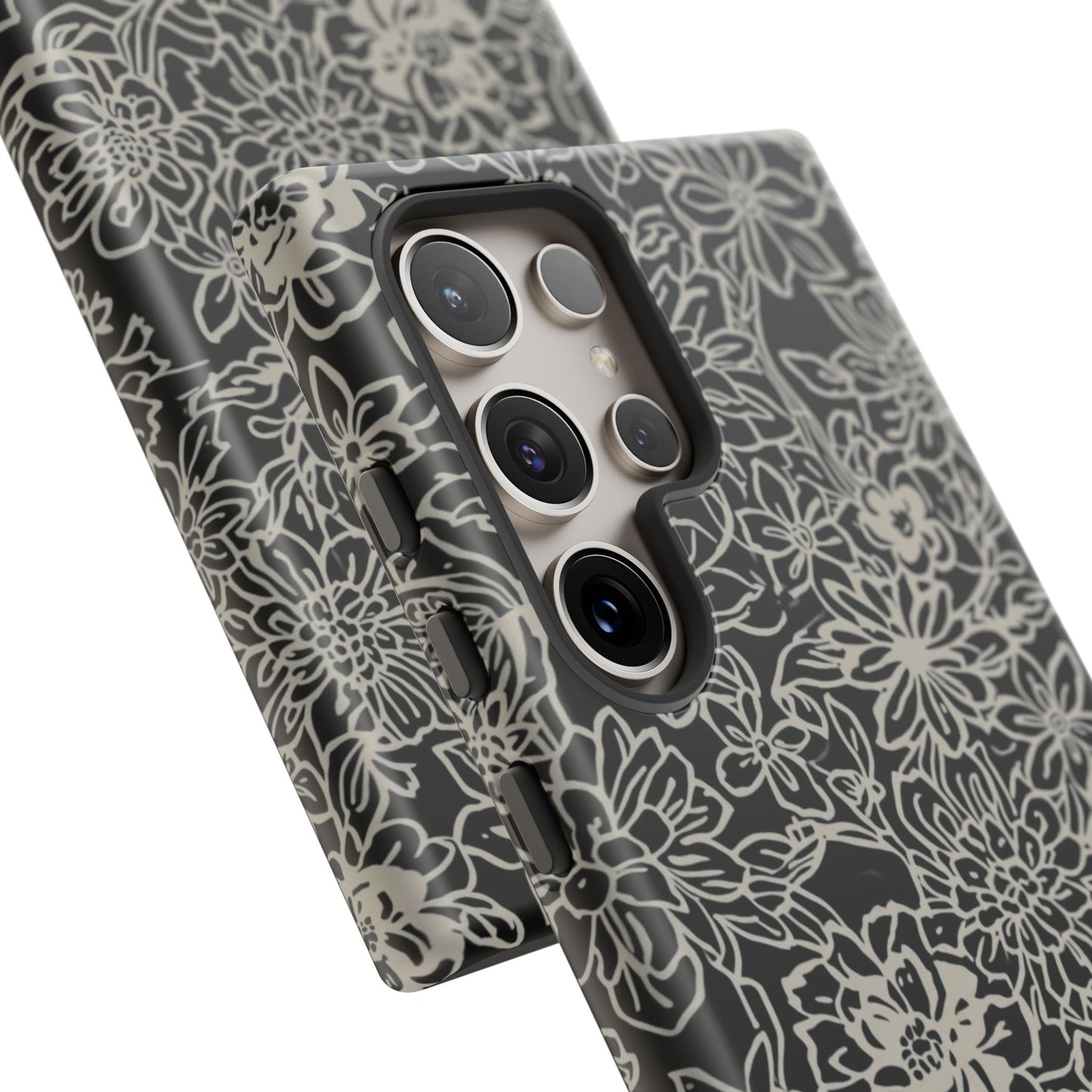 Floral Doodle Tough Phone Case — Black & White Sketch Flower Protective Cover