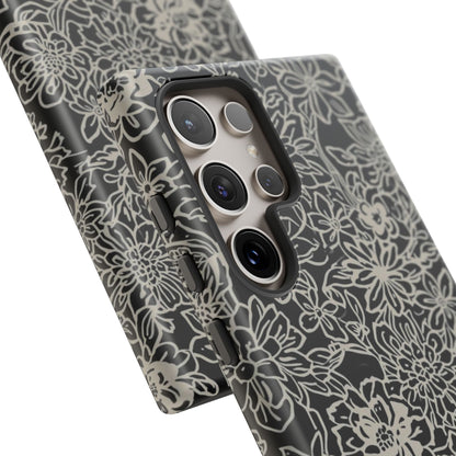 Floral Doodle Tough Phone Case — Black & White Sketch Flower Protective Cover