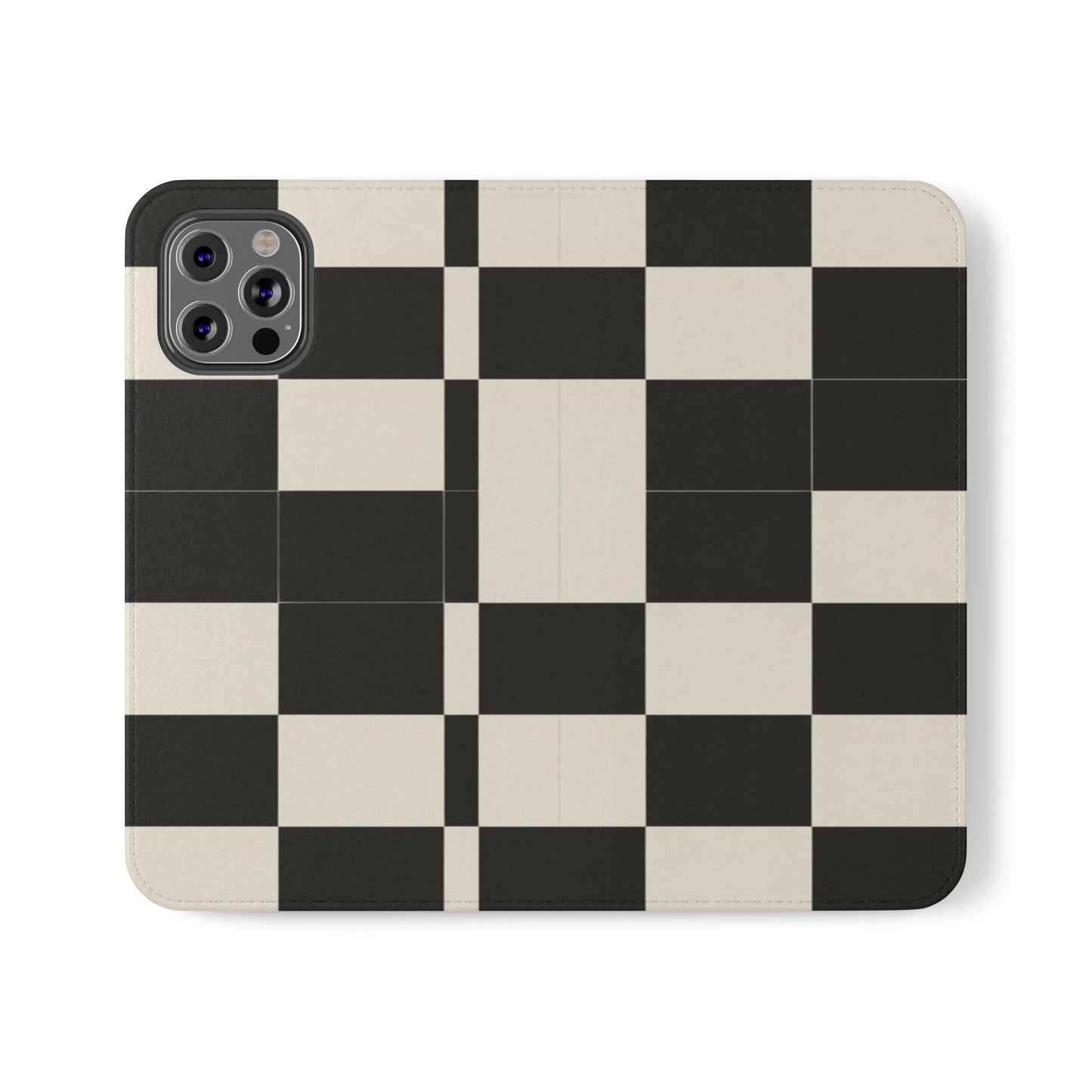 Checkered Flip Phone Case – Black & Cream Retro Grid Wallet Case
