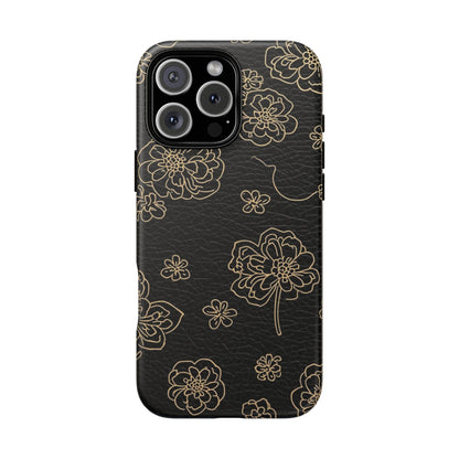 Floral Leather-Texture Tough Case – Black Gold Outline Phone Cover