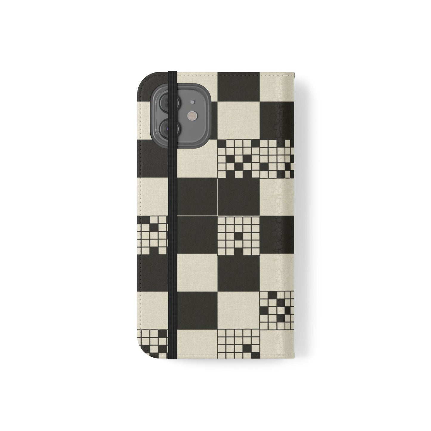 Checkerboard Flip Phone Case – Retro Black & Cream Geometric Wallet Case