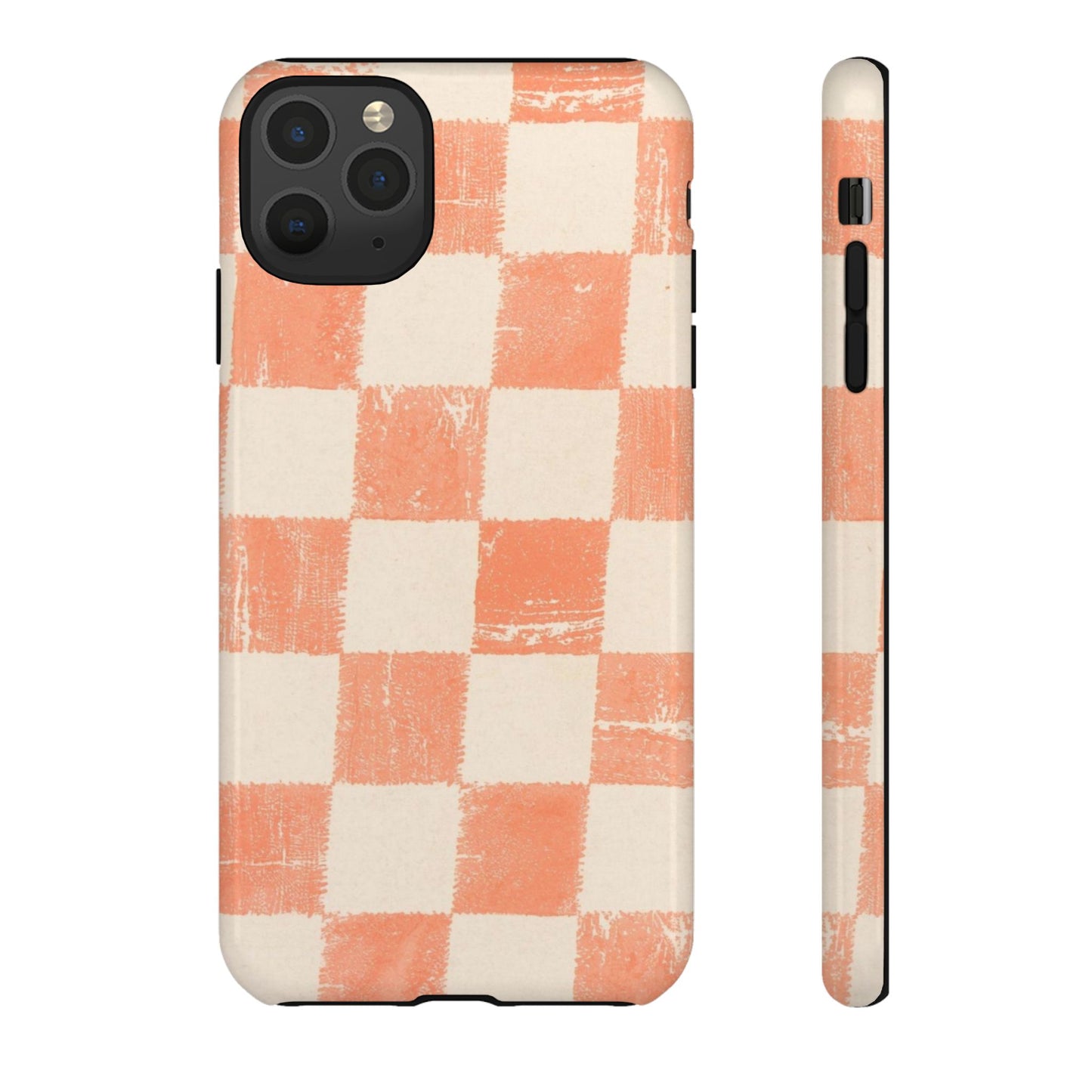 Peach Checkerboard Tough Phone Case — Retro Distressed Grid Design