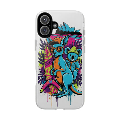 Kangaroo & Koala Surf Phone Case — Retro Neon Beach Art Tough Case