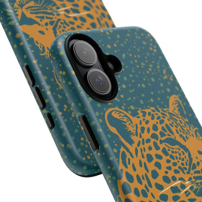 Leopard Print Tough Phone Case — Gold Panther on Teal, Protective iPhone Cover