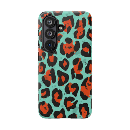 Leopard Print Tough Phone Case — Teal & Rust Protective iPhone Cover