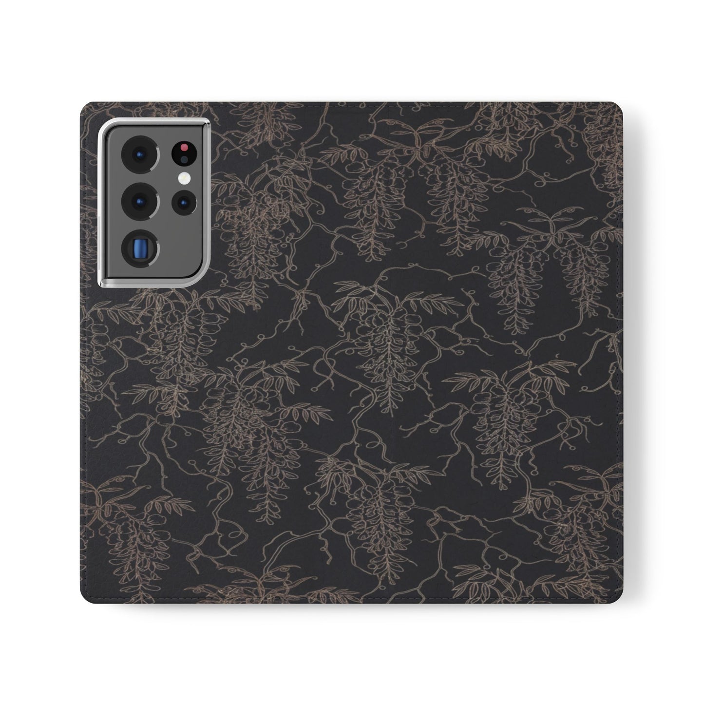 Botanical Noir Flip Phone Case — Dark Floral Wallet Cover with Card Slots