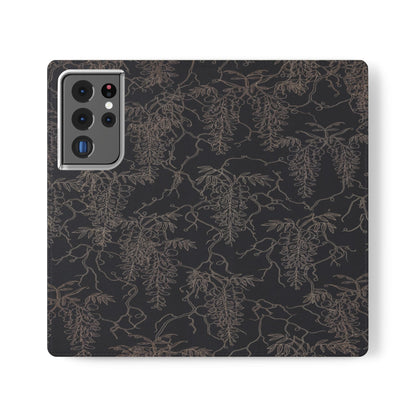 Botanical Noir Flip Phone Case — Dark Floral Wallet Cover with Card Slots