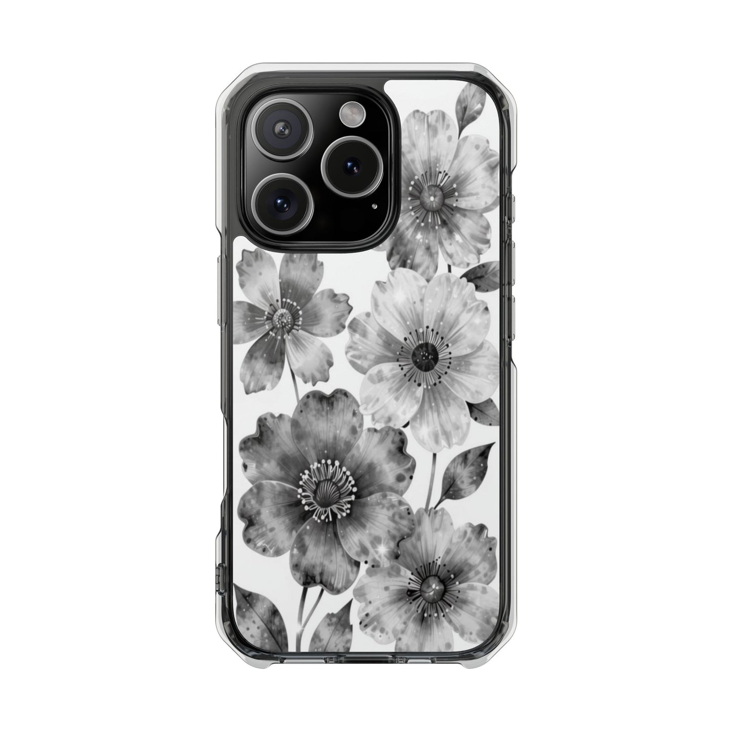 Clear Magnetic Phone Case — Black & White Watercolor Floral Design
