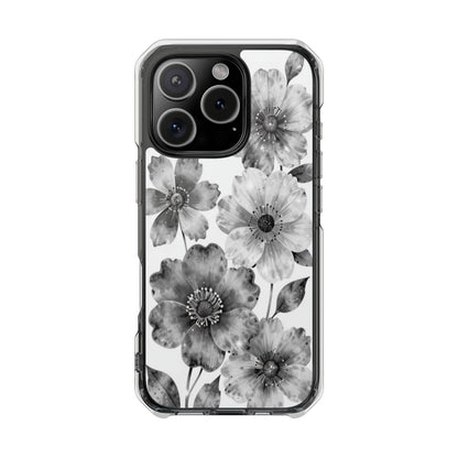 Clear Magnetic Phone Case — Black & White Watercolor Floral Design