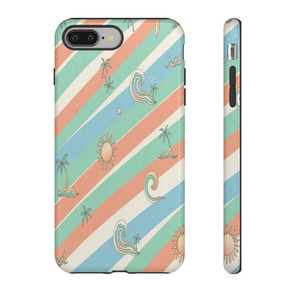 Retro Beach Stripes Phone Case — Sun, Waves & Palm Pattern Tough Case