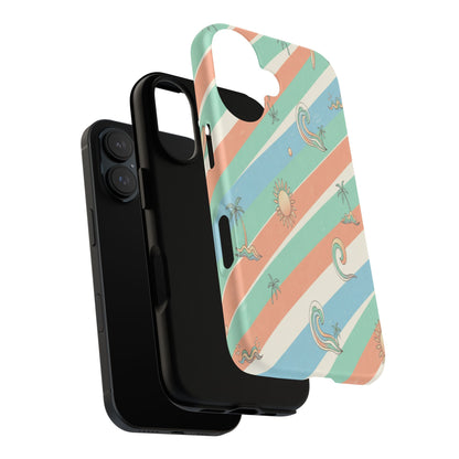 Retro Beach Stripes Phone Case — Sun, Waves & Palm Pattern Tough Case