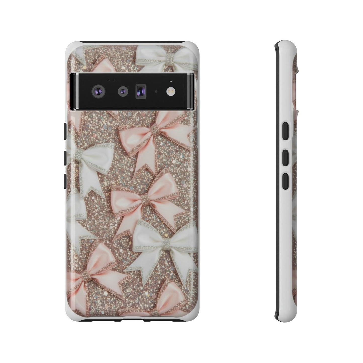 Glitter Bow Tough Phone Case — Pink & White Ribbon Protective Cover