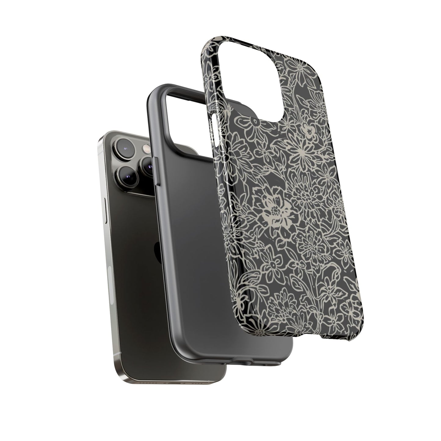 Floral Doodle Tough Phone Case — Black & White Sketch Flower Protective Cover