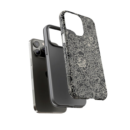Floral Doodle Tough Phone Case — Black & White Sketch Flower Protective Cover
