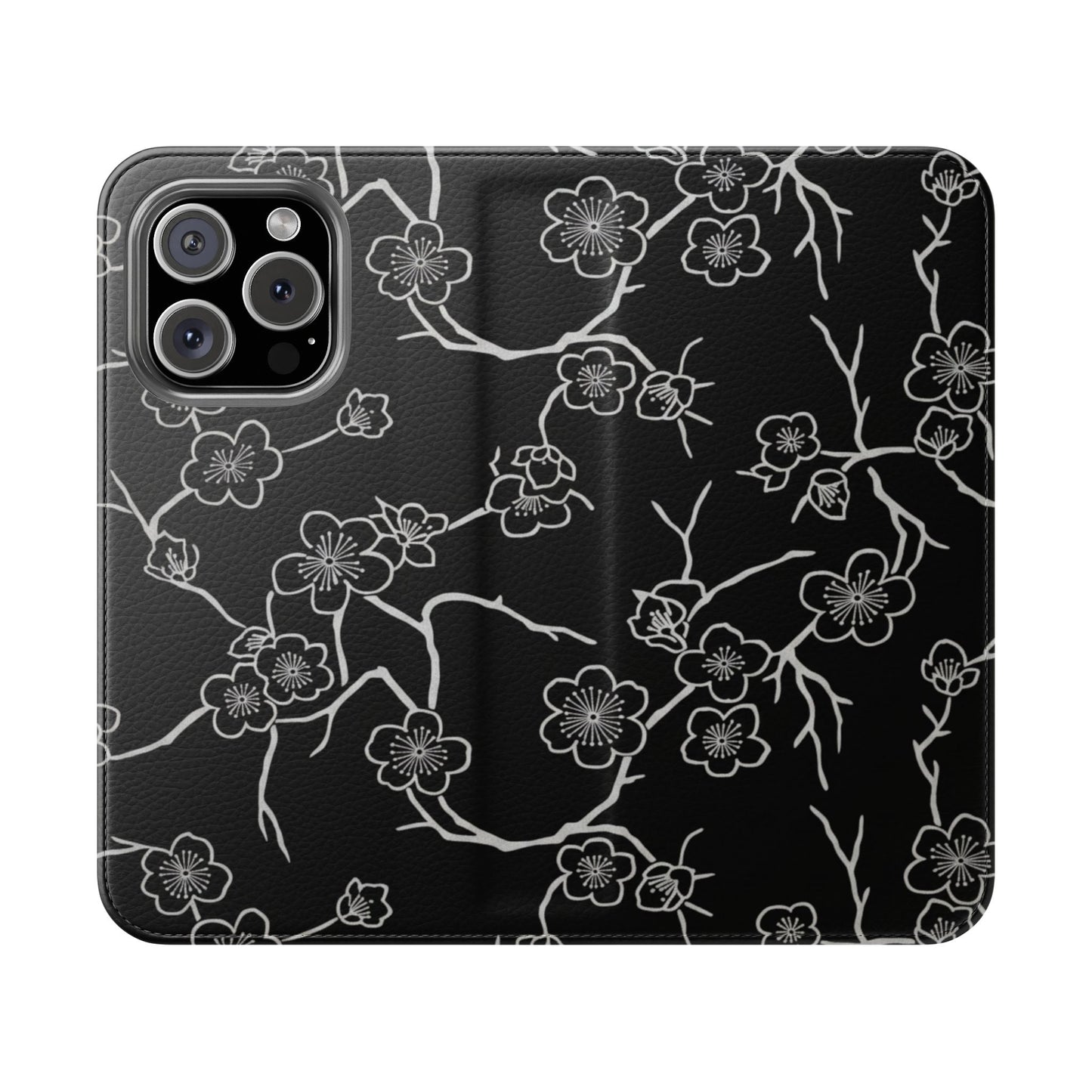 Black Cherry Blossom Flip Phone Case – Floral Wallet Flip Case with Card Slots