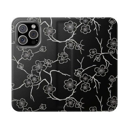 Black Cherry Blossom Flip Phone Case – Floral Wallet Flip Case with Card Slots