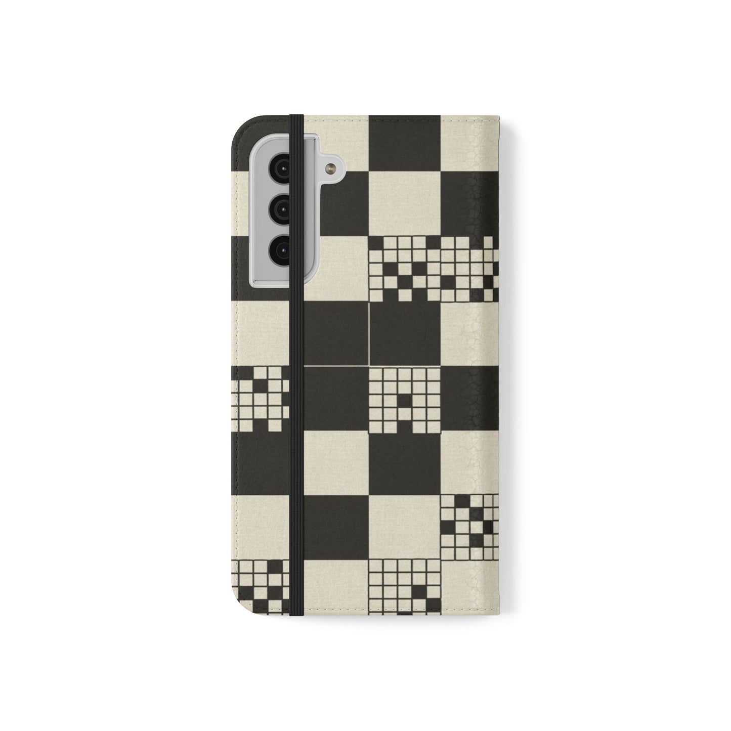 Checkerboard Flip Phone Case – Retro Black & Cream Geometric Wallet Case