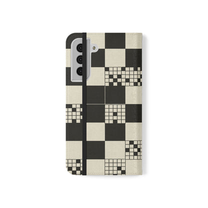 Checkerboard Flip Phone Case – Retro Black & Cream Geometric Wallet Case