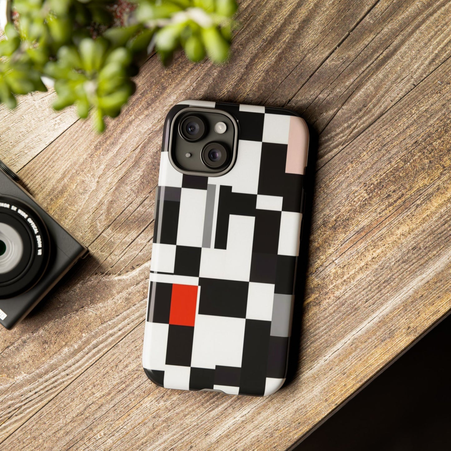 Abstract Geometric Phone Case – Black & White Checker Grid with Red Accent