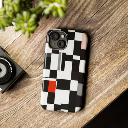 Abstract Geometric Phone Case – Black & White Checker Grid with Red Accent