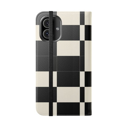 Checkered Flip Phone Case – Black & Cream Retro Grid Wallet Case