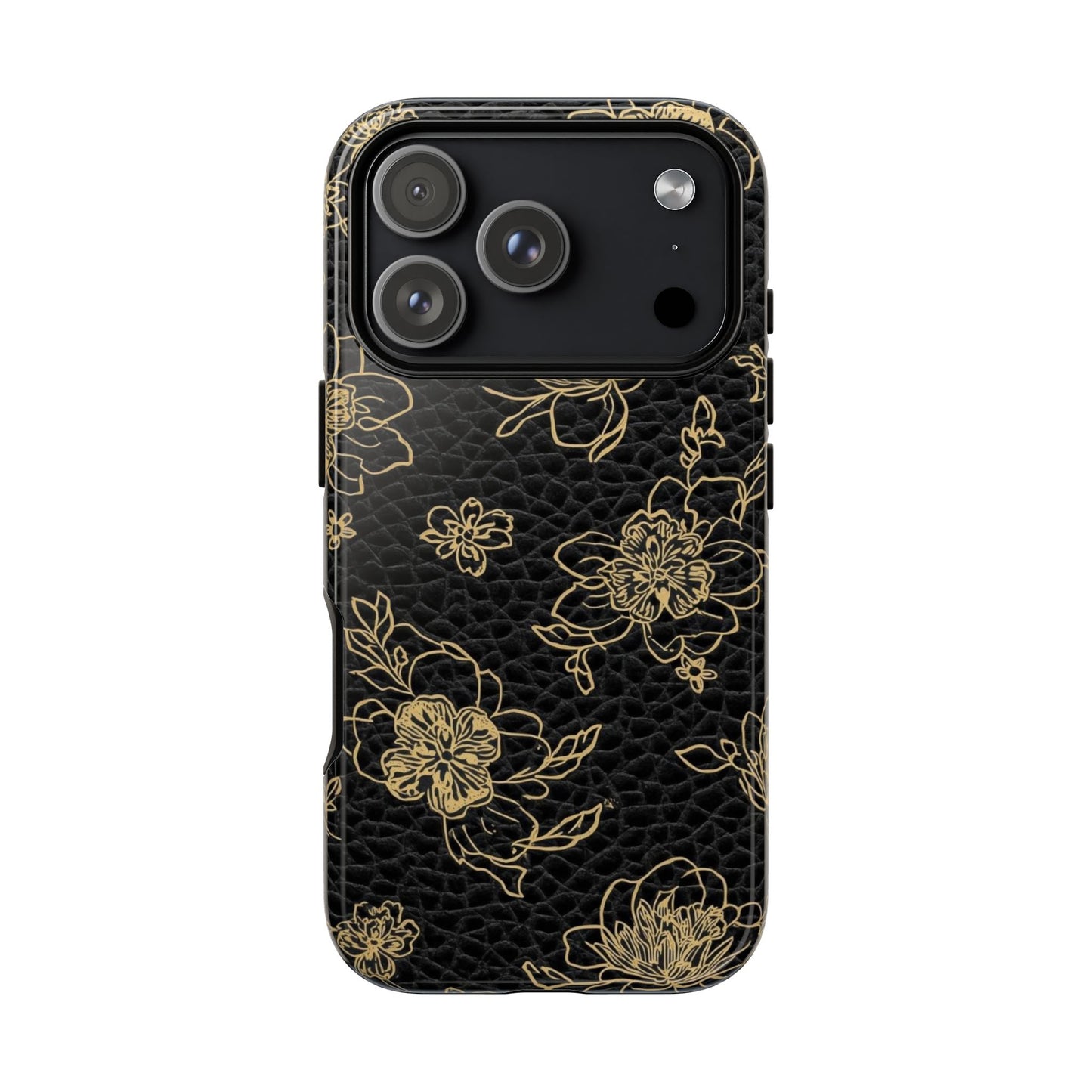 Floral Leather Phone Case — Gold Outline Flowers on Black Tough Case