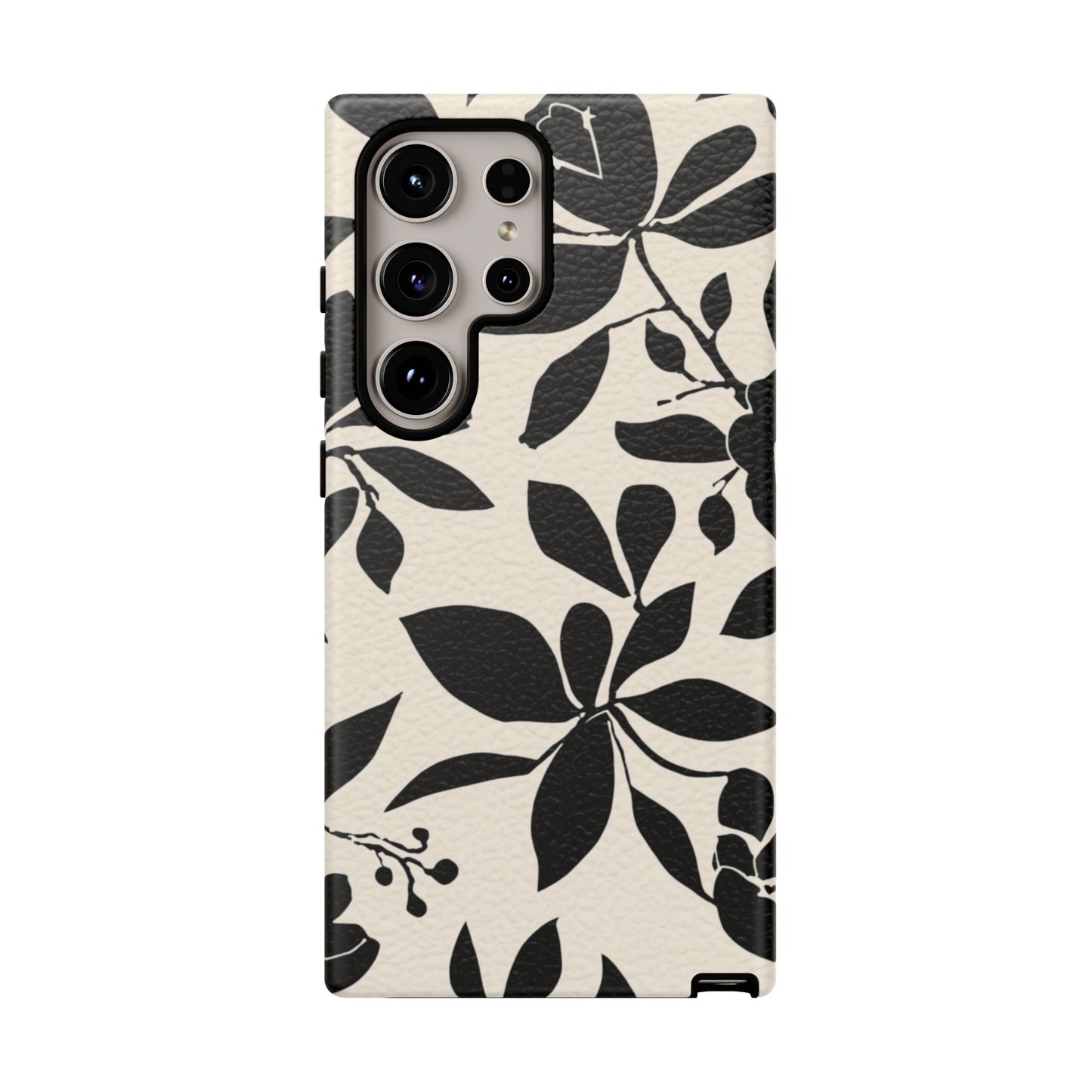 Black Floral Pattern Phone Case — Monochrome Botanical Tough Case