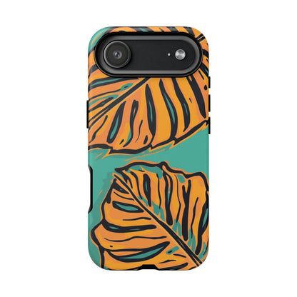 Tropical Leaf Tough Phone Case — Orange Monstera Design on Teal