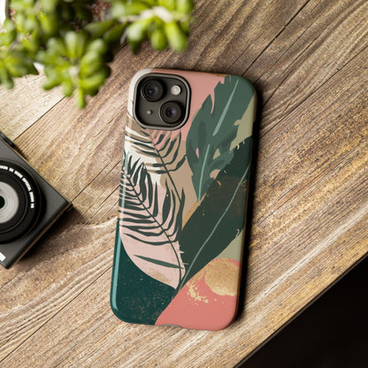 Tropical Leaf Tough Phone Case — Abstract Pink & Green Botanical Protective Cover