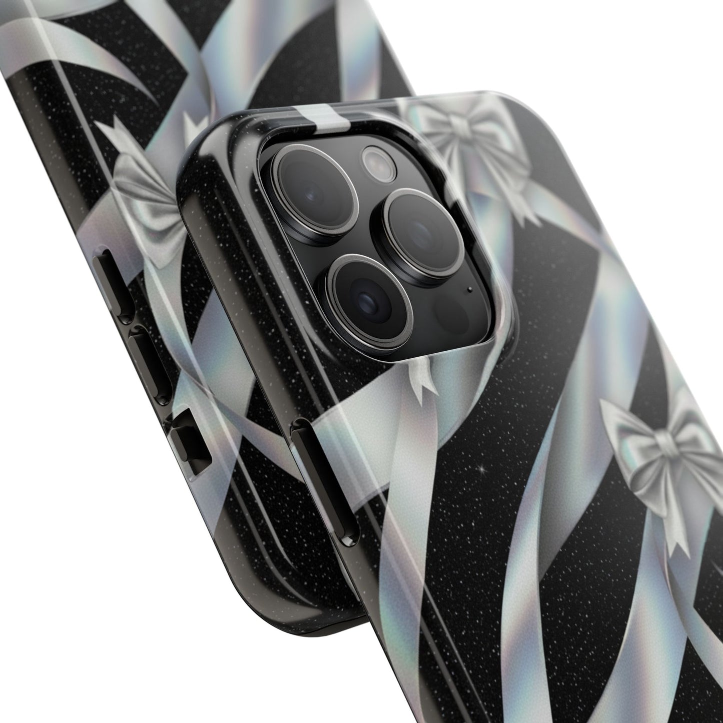 Silver Ribbon Bow Tough Phone Case — Glitter Black Protective Phone Case