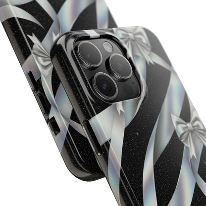 Silver Ribbon Bow Tough Phone Case — Glitter Black Protective Phone Case