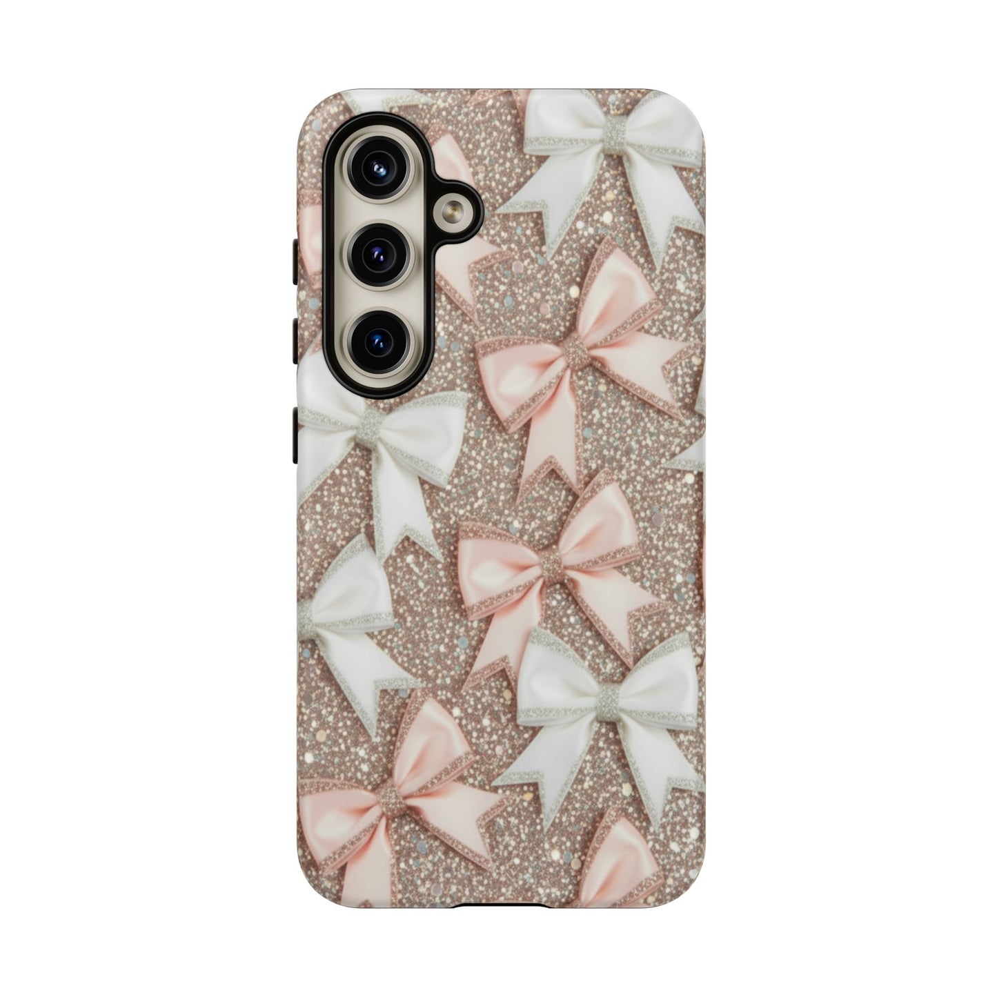 Glitter Bow Tough Phone Case — Pink & White Ribbon Protective Cover