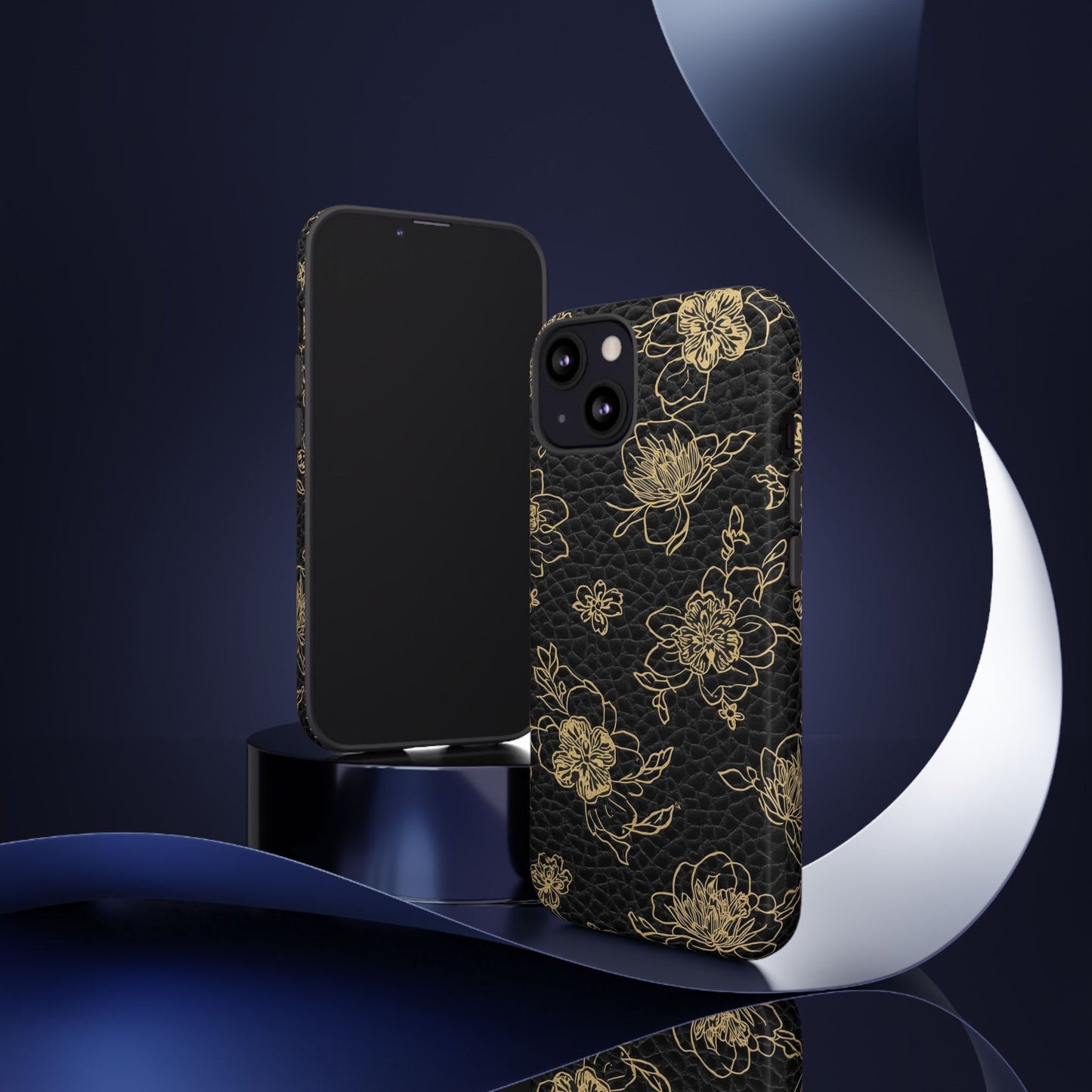 Floral Leather Phone Case — Gold Outline Flowers on Black Tough Case