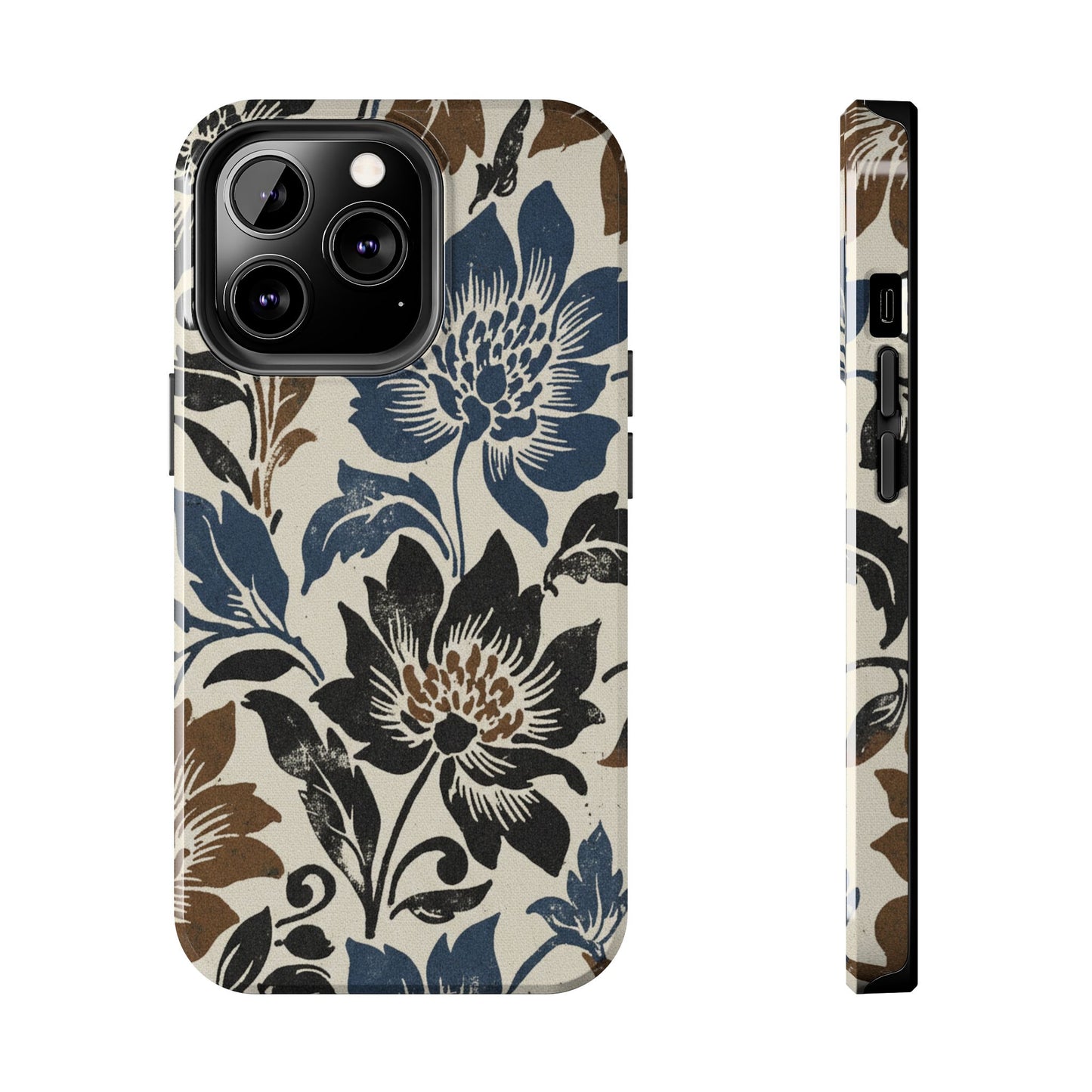 Floral Vintage Tough Phone Case — Blue & Brown Botanical Protection