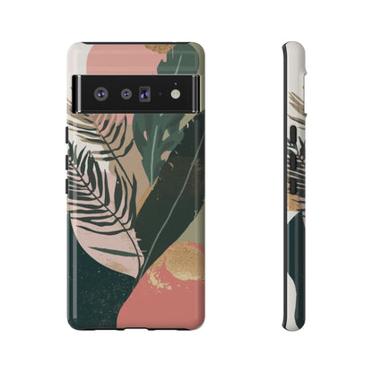Tropical Leaf Tough Phone Case — Abstract Pink & Green Botanical Protective Cover