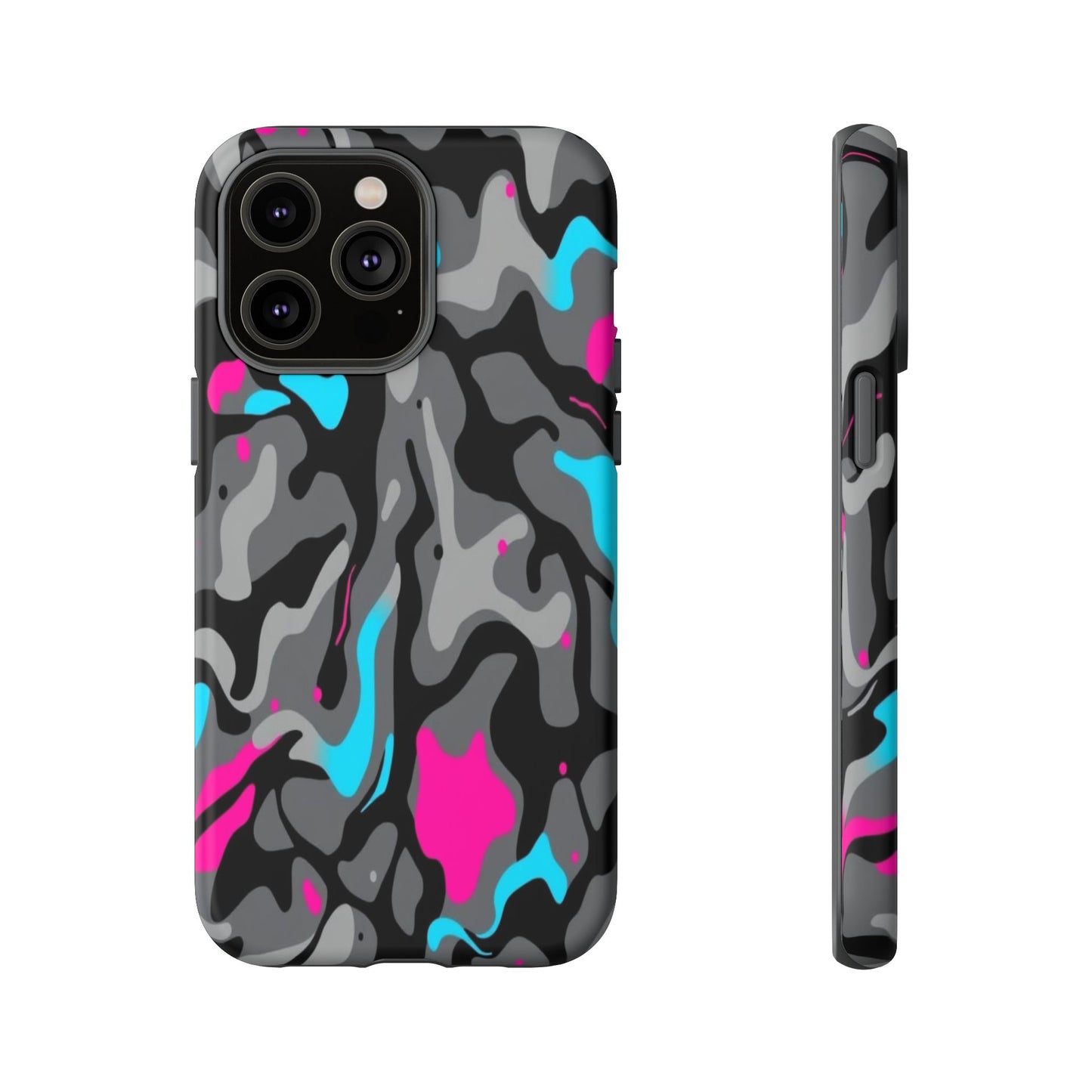 Camouflage Phone Case — Gray Camo with Neon Pink & Cyan Accent Tough Protective Cover