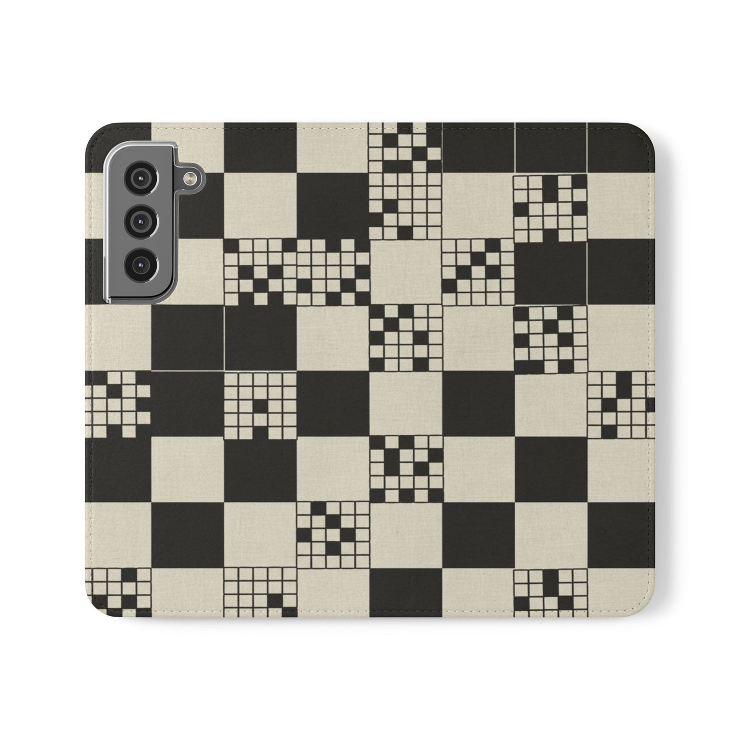 Checkerboard Flip Phone Case – Retro Black & Cream Geometric Wallet Case