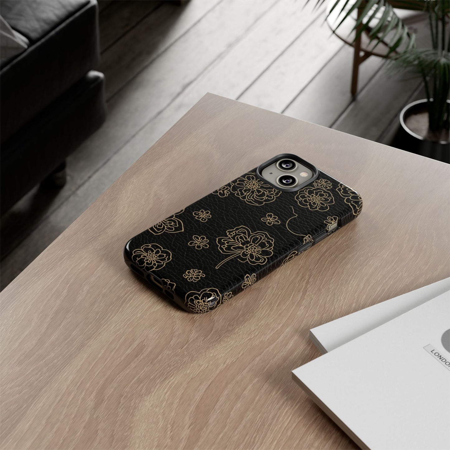 Floral Leather-Texture Tough Case – Black Gold Outline Phone Cover