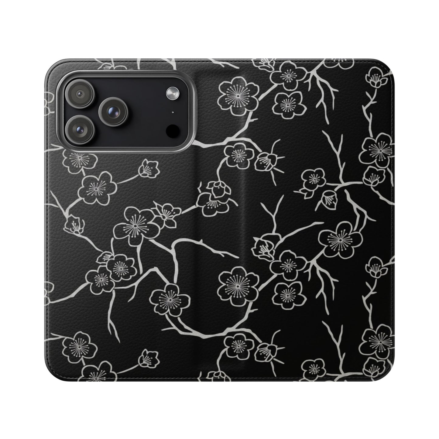 Black Cherry Blossom Flip Phone Case – Floral Wallet Flip Case with Card Slots