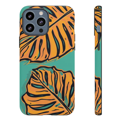 Tropical Leaf Tough Phone Case — Orange Monstera Design on Teal