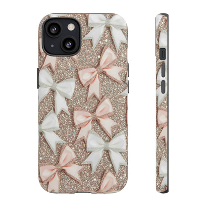 Glitter Bow Tough Phone Case — Pink & White Ribbon Protective Cover