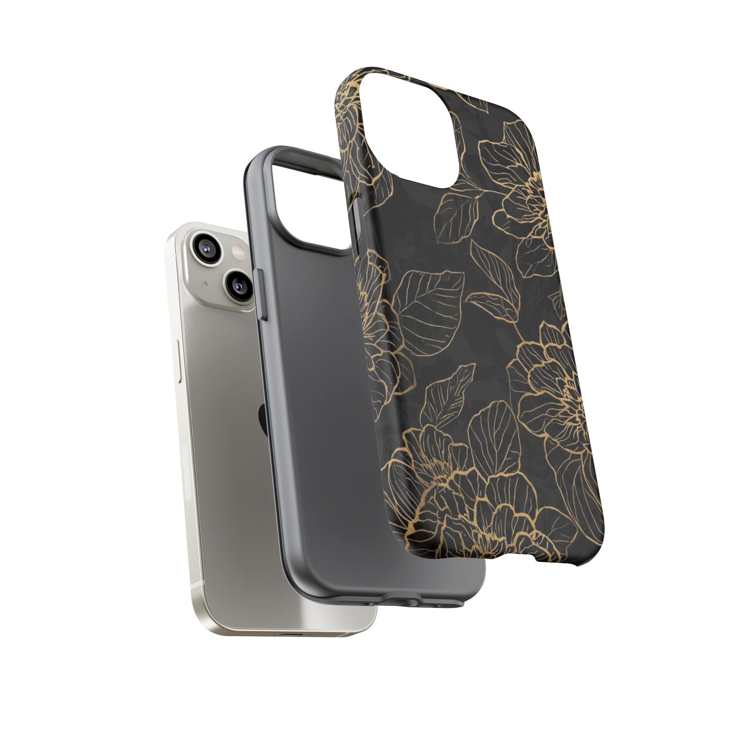 Floral Gold Outline Tough Phone Case – Black Botanical Protective Cover
